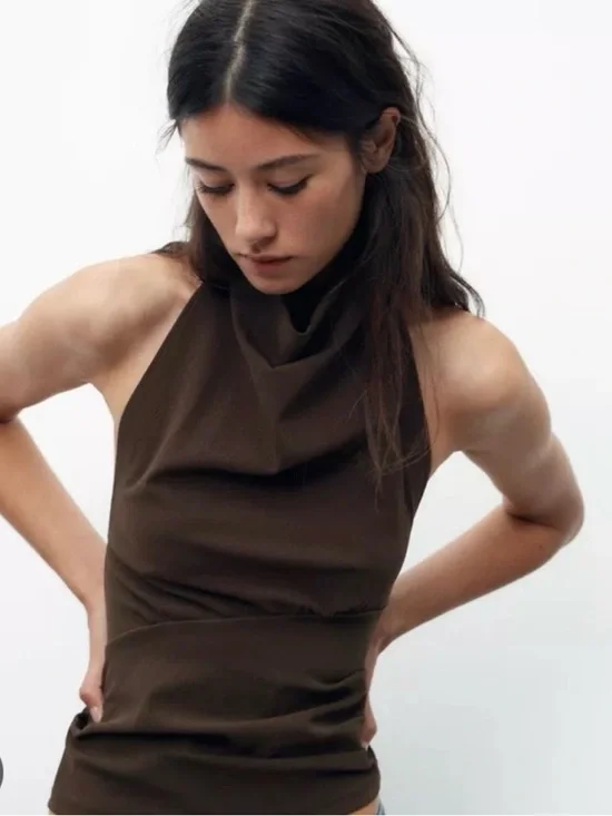 NWOT Zara Open Back Halter Top Brown - Picture 1 of 11